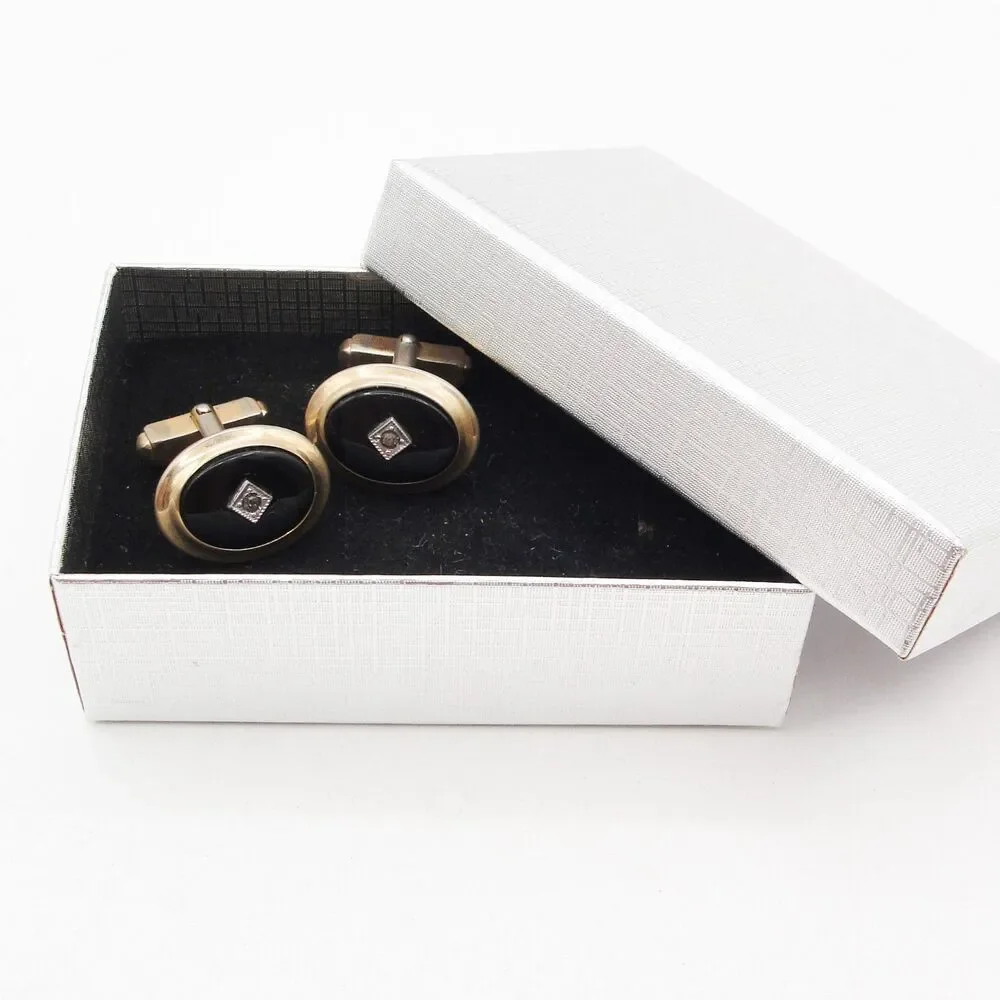 Vintage Anson Gold Tone Black Onyx Diamond Accent Cufflink Oval Retro MCM